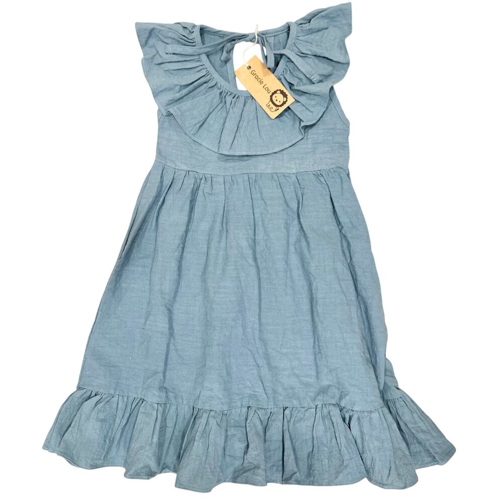 Gracie Lou Ruffle Dress Blue 100% Cotton Back Tie Toddler Girls Size 3T (90) NEW
